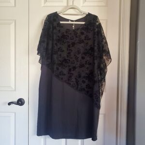SeSe Code Mesh Cape Overlay Bodycon Knee Length Pencil Black Dress Pullover 3XL